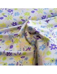 Tissu, Jersey de Coton Fleuri, Fleurs sur Fond Blanc, Laize 150 cm, Coton Stretch Oeko-Tex 2