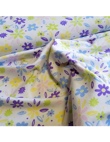 Tissu, Jersey de Coton Fleuri, Fleurs sur Fond Blanc, Laize 150 cm, Coton Stretch Oeko-Tex