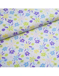 Tissu, Jersey de Coton Fleuri, Fleurs sur Fond Blanc, Laize 150 cm, Coton Stretch Oeko-Tex