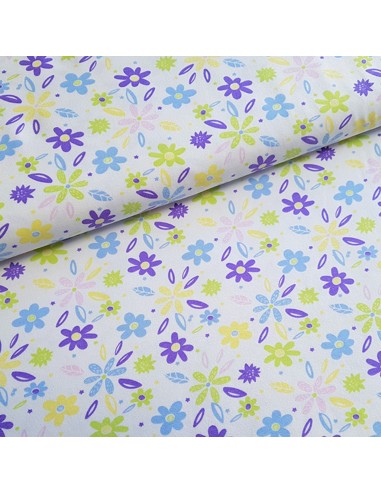 Tissu, Jersey de Coton Fleuri, Fleurs sur Fond Blanc, Laize 150 cm, Coton Stretch Oeko-Tex