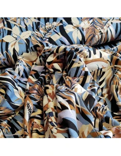 Tissu, Jersey de Viscose Fleuri, Bleu et Marron, Laize 150 cm, Viscose Stretch Oeko-Tex 2