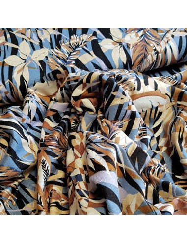 Tissu, Jersey de Viscose Fleuri, Bleu et Marron, Laize 150 cm, Viscose Stretch Oeko-Tex