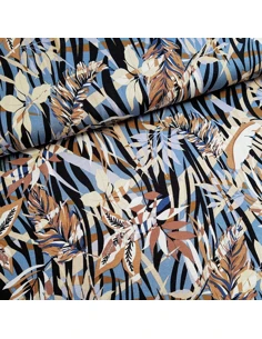Tissu, Jersey de Viscose Fleuri, Bleu et Marron, Laize 150 cm, Viscose Stretch Oeko-Tex