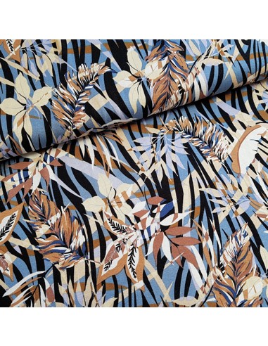 Tissu, Jersey de Viscose Fleuri, Bleu et Marron, Laize 150 cm, Viscose Stretch Oeko-Tex