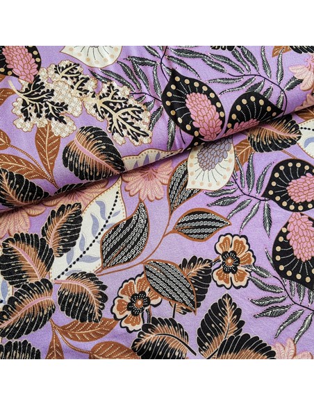 Tissu, Jersey de Viscose Imprimé Fleuri, Violet, Laize 145 cm, Viscose Stretch Oeko-Tex