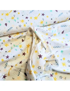 Tissu, Jersey de Coton Imprimé Étoiles Filantes, Blanc Scintillant Lurex, Laize 150 cm, Coton Stretch Oeko-Tex 2