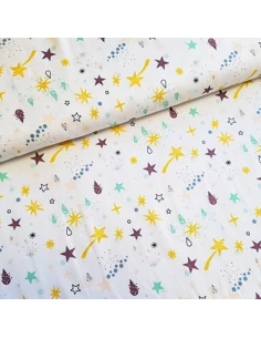 Tissu, Jersey de Coton Imprimé Étoiles Filantes, Blanc Scintillant Lurex, Laize 150 cm, Coton Stretch Oeko-Tex