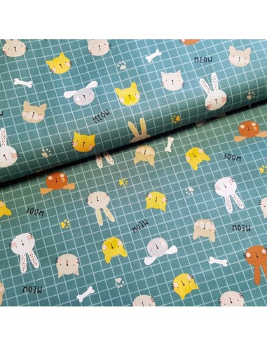 Tissu, Popeline de Coton Cris d'Animaux, Vert Émeraude, Laize 148 cm, 100% Coton 192g/m²