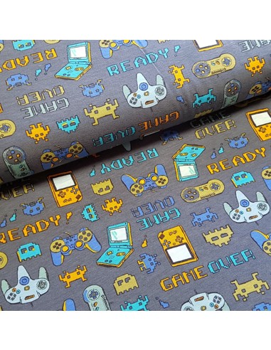 Tissu, Jersey de Coton Imprimé Manettes Jeux Vidéos, Gris Anthracite Gaming, Laize 150 cm, Coton Stretch Bio Oeko-Tex