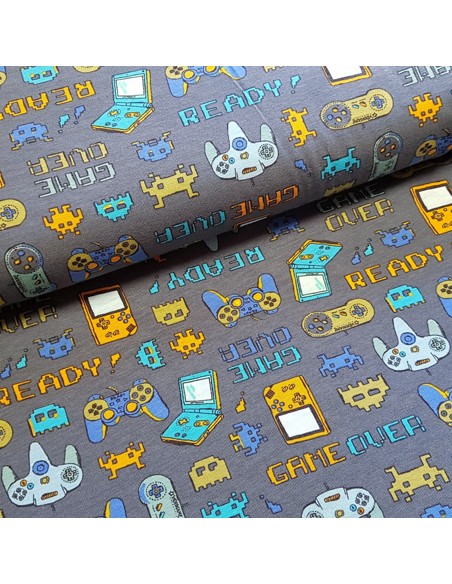 Tissu, Jersey de Coton Imprimé Manettes Jeux Vidéos, Gris Anthracite Gaming, Laize 150 cm, Coton Stretch Bio Oeko-Tex
