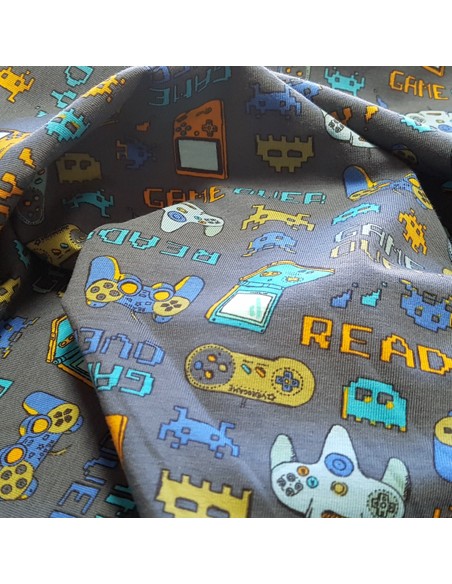 Tissu, Jersey de Coton Imprimé Manettes Jeux Vidéos, Gris Anthracite Gaming, Laize 150 cm, Coton Stretch Bio Oeko-Tex