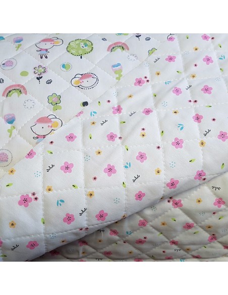 Tissu, Matelassé Imprimé Souris Réversible, Blanc & Multicolore, Laize 150 cm, 95% Coton Oeko-Tex