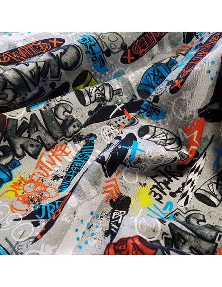 Tissu, Jersey de Coton Imprimé Artiste Graffiti, Gris Urbain, Laize 150 cm, Coton Stretch Oeko-Tex