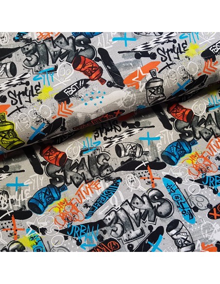 Tissu, Jersey de Coton Imprimé Artiste Graffiti, Gris Urbain, Laize 150 cm, Coton Stretch Oeko-Tex