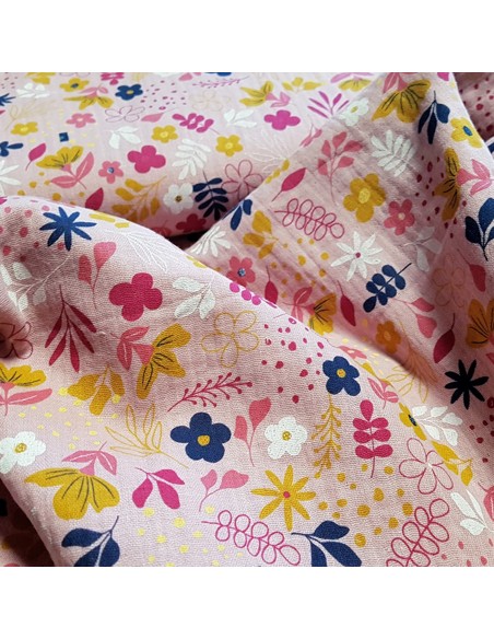 Tissu, Double Gaze Fleurie, Mauve, Laize 135 cm, 100% Coton 169g/m²