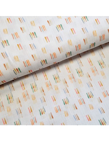 Tissu, Double Gaze de Coton, Traits Multicolores sur Blanc, Laize 135 cm, 100% Coton 120g/m²