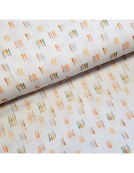 Tissu, Double Gaze de Coton, Traits Multicolores sur Blanc, Laize 135 cm, 100% Coton 120g/m²