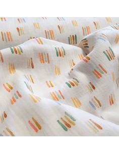 Tissu, Double Gaze de Coton, Traits Multicolores sur Blanc, Laize 135 cm, 100% Coton 120g/m² 2