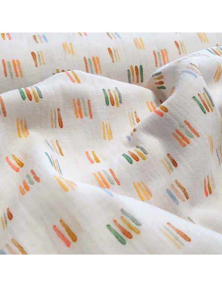 Tissu, Double Gaze de Coton, Traits Multicolores sur Blanc, Laize 135 cm, 100% Coton 120g/m²