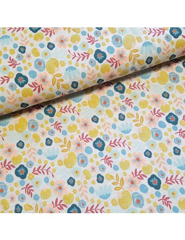 Tissu, Jersey Imprimé Fleurs Scintillantes, Gris Clair Flower Garden, Laize 150 cm, Coton Stretch Oeko-Tex