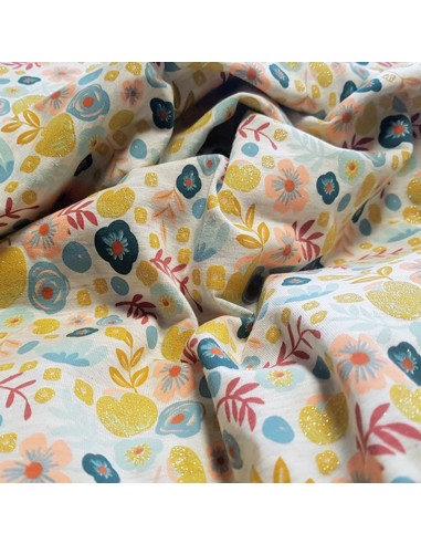 Tissu, Jersey Imprimé Fleurs Scintillantes, Gris Clair Flower Garden, Laize 150 cm, Coton Stretch Oeko-Tex