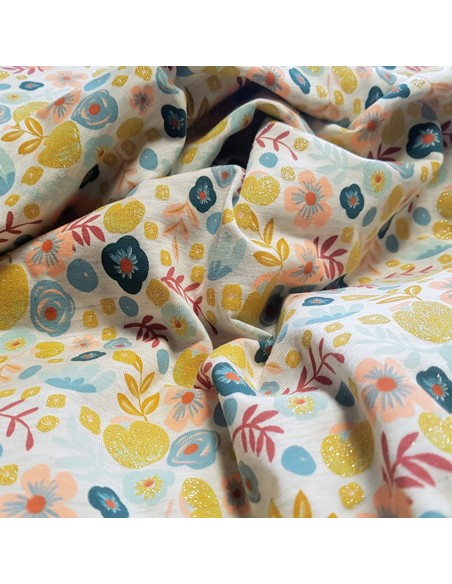Tissu, Jersey Imprimé Fleurs Scintillantes, Gris Clair Flower Garden, Laize 150 cm, Coton Stretch Oeko-Tex