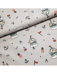 Tissu, Popeline de Coton Bébés Marins, Gris Clair, Laize 148 cm, 100% Coton 192g/m²