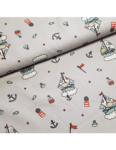 Tissu, Popeline de Coton Bébés Marins, Gris Clair, Laize 148 cm, 100% Coton 192g/m²