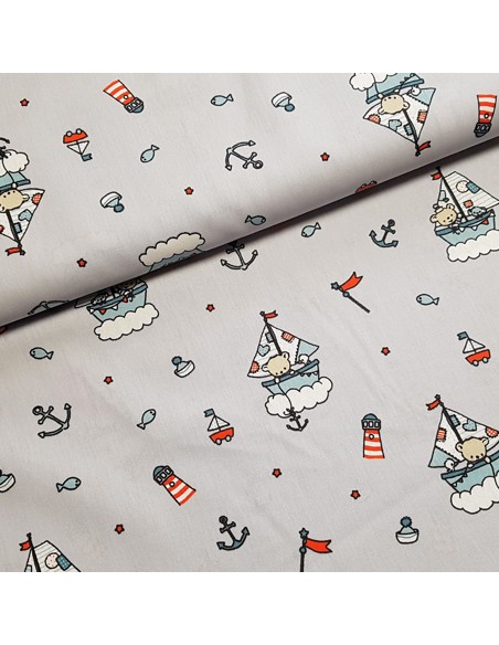 Tissu, Popeline de Coton Bébés Marins, Gris Clair, Laize 148 cm, 100% Coton 192g/m²