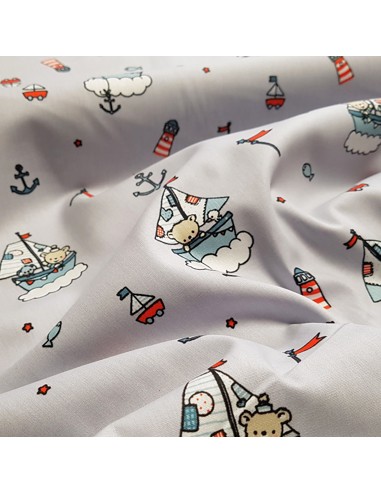 Tissu, Popeline de Coton Bébés Marins, Gris Clair, Laize 148 cm, 100% Coton 192g/m²