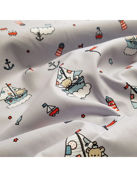 Tissu, Popeline de Coton Bébés Marins, Gris Clair, Laize 148 cm, 100% Coton 192g/m²
