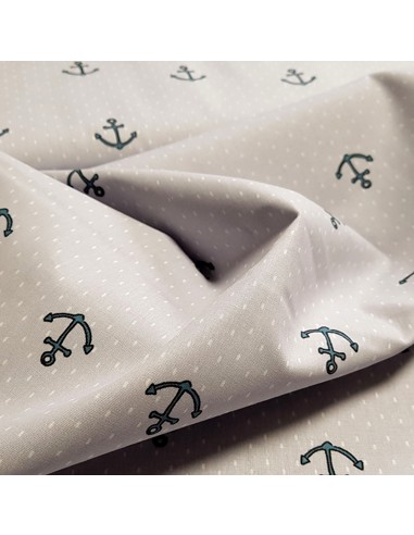 Tissu, Popeline de Coton Ancres Marines, Gris Clair, Laize 148 cm, 100% Coton 192g/m²