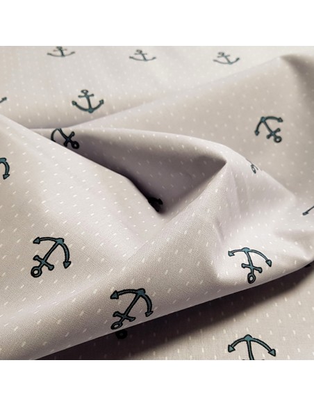 Tissu, Popeline de Coton Ancres Marines, Gris Clair, Laize 148 cm, 100% Coton 192g/m²