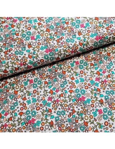 Tissu, Viscose Fleurie, Fond Blanc, Laize 140 cm, 100% Viscose 154g/m²