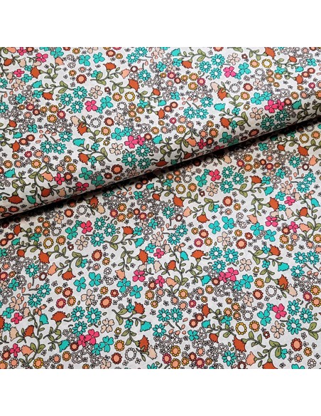 Tissu, Viscose Fleurie, Fond Blanc, Laize 140 cm, 100% Viscose 154g/m²