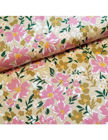 Tissu, Viscose Stretch Fleuri, Beige Rose Vert, Laize 140 cm, 97% Viscose 3% Spandex 198g/m²