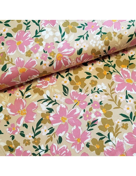 Tissu, Viscose Stretch Fleuri, Beige Rose Vert, Laize 140 cm, 97% Viscose 3% Spandex 198g/m²