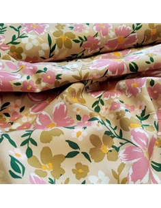Tissu, Viscose Stretch Fleuri, Beige Rose Vert, Laize 140 cm, 97% Viscose 3% Spandex 198g/m² 2