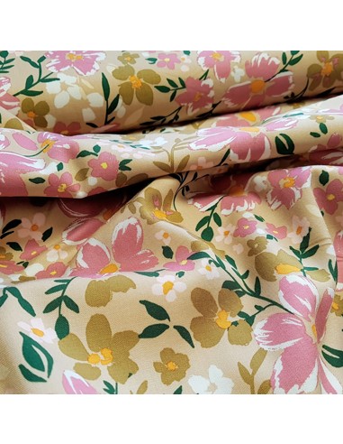 Tissu, Viscose Stretch Fleuri, Beige Rose Vert, Laize 140 cm, 97% Viscose 3% Spandex 198g/m²
