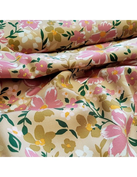 Tissu, Viscose Stretch Fleuri, Beige Rose Vert, Laize 140 cm, 97% Viscose 3% Spandex 198g/m²