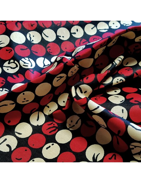 Tissu, Wax Motifs Ronds Africains, Multicolore sur Fond Noir, Laize 120 cm, 100% Coton
