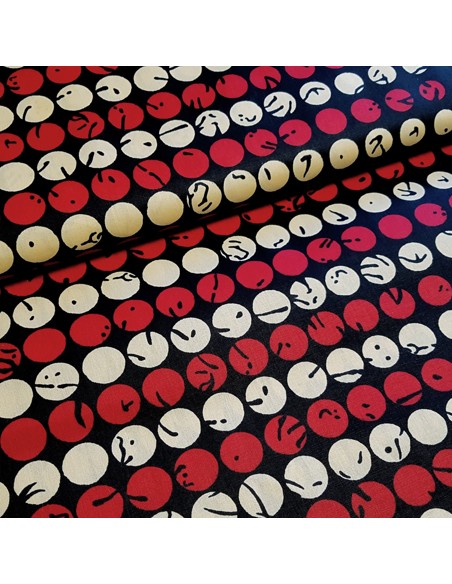 Tissu, Wax Motifs Ronds Africains, Multicolore sur Fond Noir, Laize 120 cm, 100% Coton