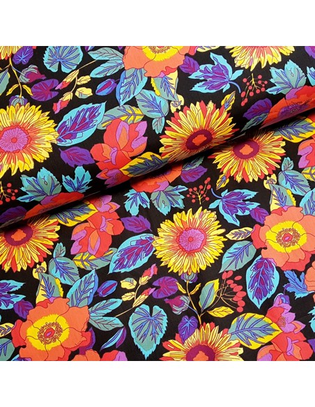 Tissu, Popeline de Coton Fleurie, Multicolore sur Noir, Laize 140 cm, 100% Coton 140g/m²