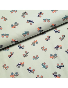Tissu, Cretonne de Coton Monster Trucks, Vert Clair, Laize 150 cm, 100% Coton