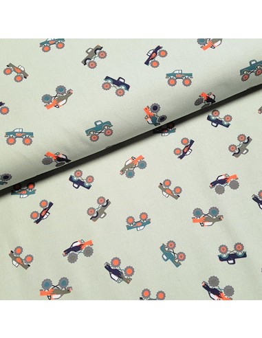 Tissu, Cretonne de Coton Monster Trucks, Vert Clair, Laize 150 cm, 100% Coton