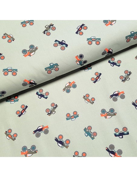 Tissu, Cretonne de Coton Monster Trucks, Vert Clair, Laize 150 cm, 100% Coton
