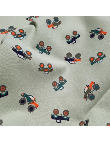 Tissu, Cretonne de Coton Monster Trucks, Vert Clair, Laize 150 cm, 100% Coton