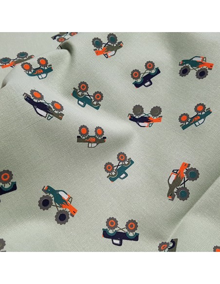 Tissu, Cretonne de Coton Monster Trucks, Vert Clair, Laize 150 cm, 100% Coton