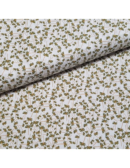 Tissu, Cretonne de Coton Petits Palmiers, Blanc, Laize 150 cm, 100% Coton