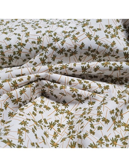 Tissu, Cretonne de Coton Petits Palmiers, Blanc, Laize 150 cm, 100% Coton